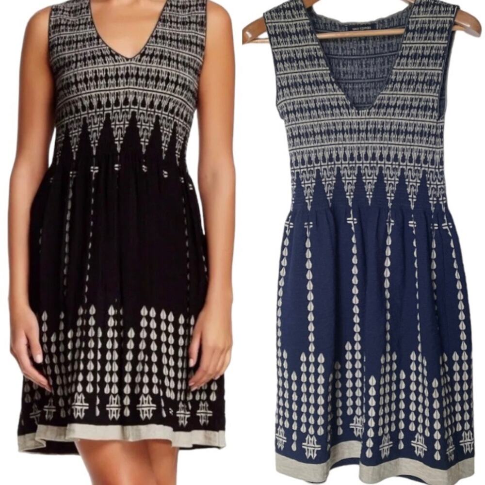 Max Edition Smocked Jacquard Sleeveless Navy Mini Dress Small